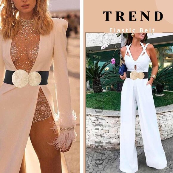 Wide Elastic Waist Belt for Women Thick Dresses with Gold Buckle Black - Picture 4 of 6